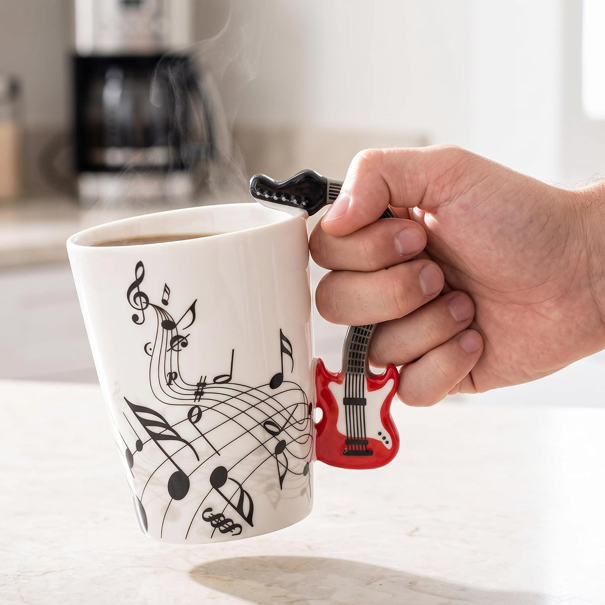 12.9 Oz Guitar Ceramic Mug - Music Note Tea Coffee Milk Cup Mug Gift for Guitar Players, Musicians, Women, Men, Friends, Teachers, Red