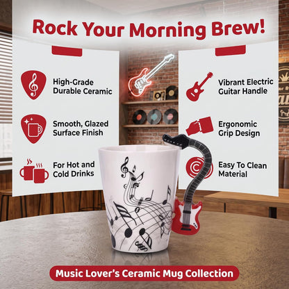 12.9 Oz Guitar Ceramic Mug - Music Note Tea Coffee Milk Cup Mug Gift for Guitar Players, Musicians, Women, Men, Friends, Teachers, Red