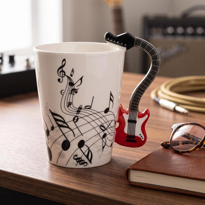 12.9 Oz Guitar Ceramic Mug - Music Note Tea Coffee Milk Cup Mug Gift for Guitar Players, Musicians, Women, Men, Friends, Teachers, Red