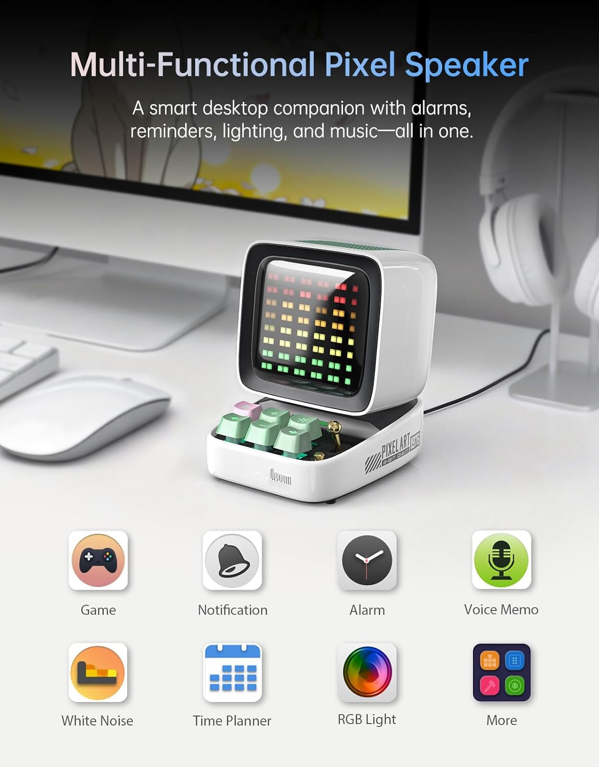 Ditoo Pro Retro Pixel Art Game Bluetooth Speaker with 16X16 LED App Controlled Front Screen (White)