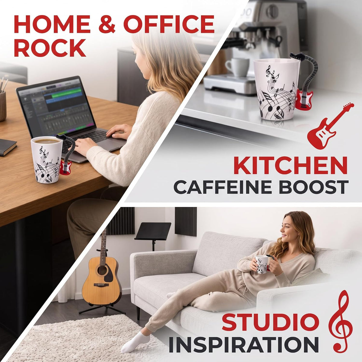 12.9 Oz Guitar Ceramic Mug - Music Note Tea Coffee Milk Cup Mug Gift for Guitar Players, Musicians, Women, Men, Friends, Teachers, Red